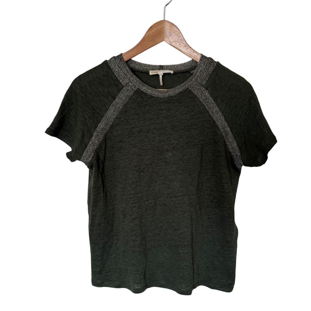 Maje Top Women Size 1 Olive Green‎ Excellent Metallic Trim Linen Raglan Tee
